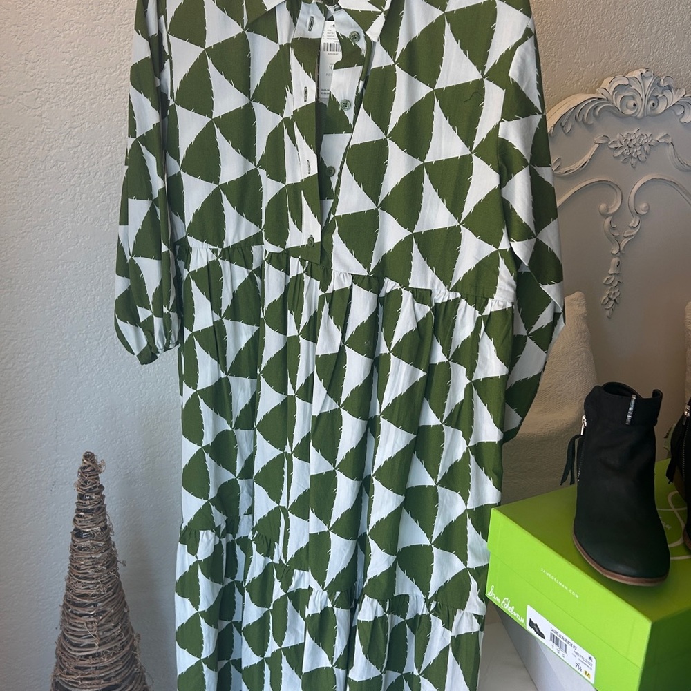 Anthropologie Green and White Geometric Dress